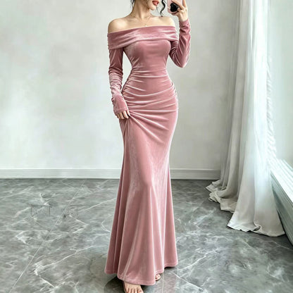Long Sleeve Velvet Off Shoulder Bodycon Maxi Dress