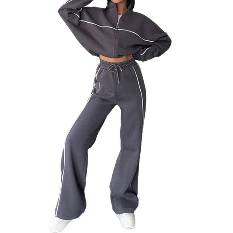 Women's Striped 2 Piece Tracksuit Zip Jacket Wide Leg Pants