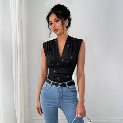 V-Neck Sequin Sleeveless Top for Women