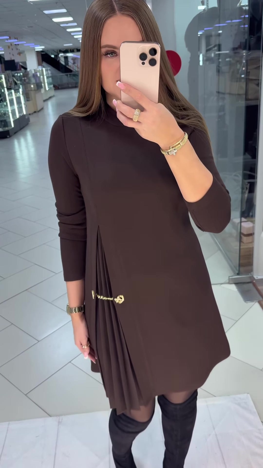 Black Mock Neck Long Sleeve Ruched Midi Dress
