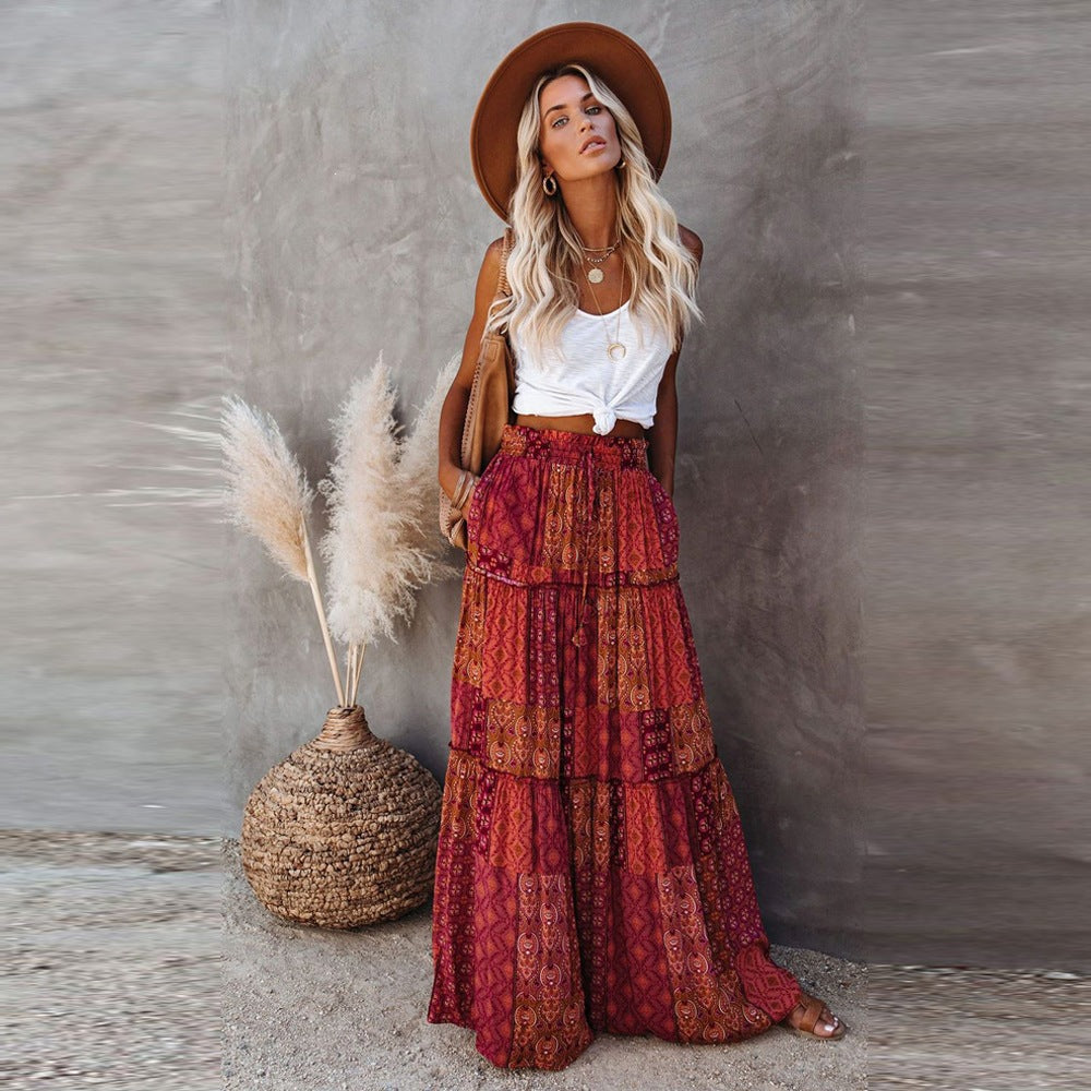 Boho Print Maxi Skirt High Waist Flowy Patchwork
