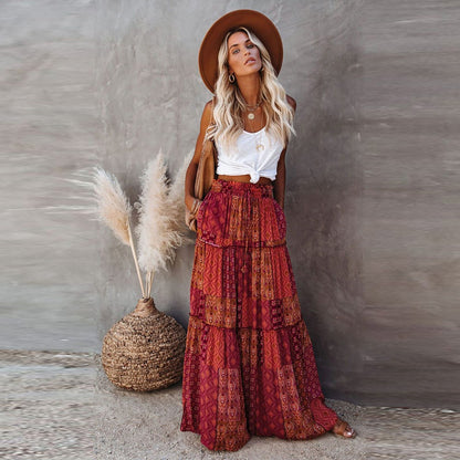 Boho Print Maxi Skirt High Waist Flowy Patchwork