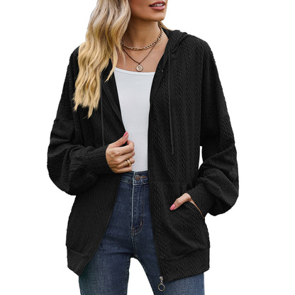 Oversized Textured Zip-Up Hoodie Jacket Pockets
