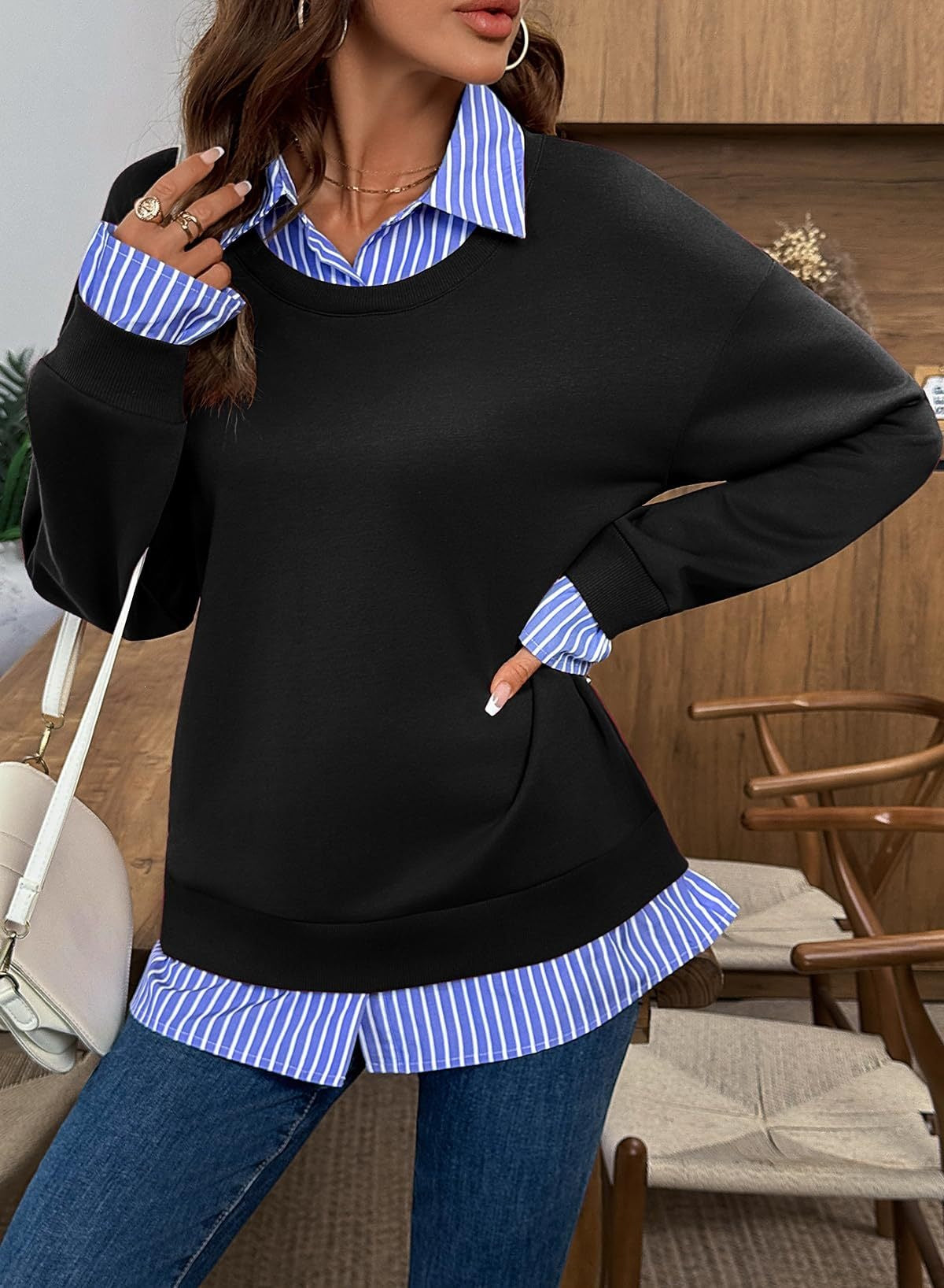 Faux Layered Sweatshirt Striped Collar Relaxed Fit