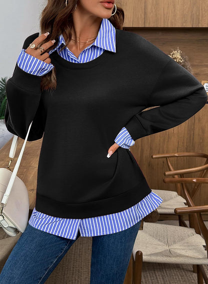 Faux Layered Sweatshirt Striped Collar Relaxed Fit