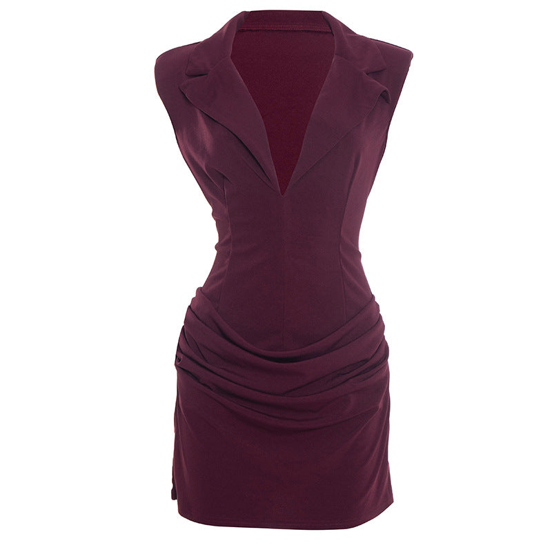 Sleeveless Deep V Blazer Ruched Bodycon Mini Dress
