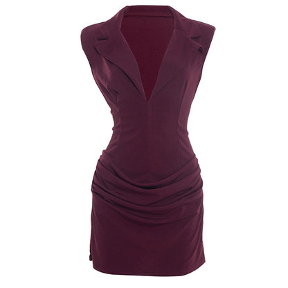 Sleeveless Deep V Blazer Ruched Bodycon Mini Dress