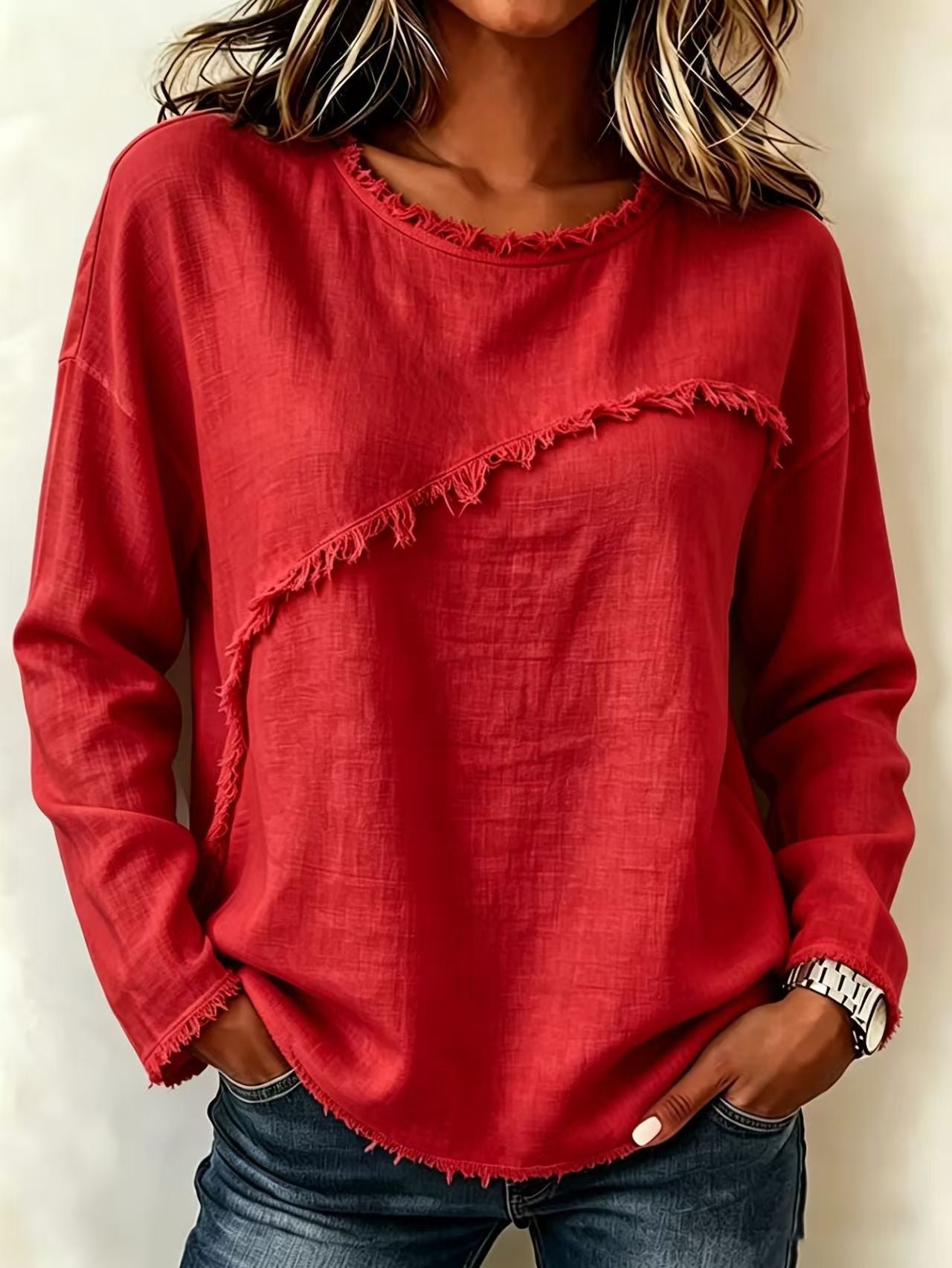 Women's Fringe Trim Crew Neck Long Sleeve Boho Top