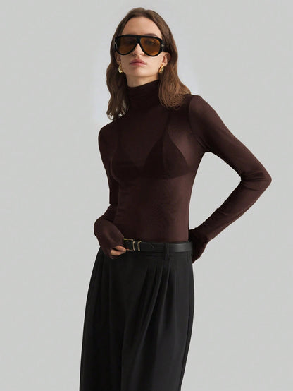 Solid Mesh Turtleneck Top Long Sleeve Fitted Blouse
