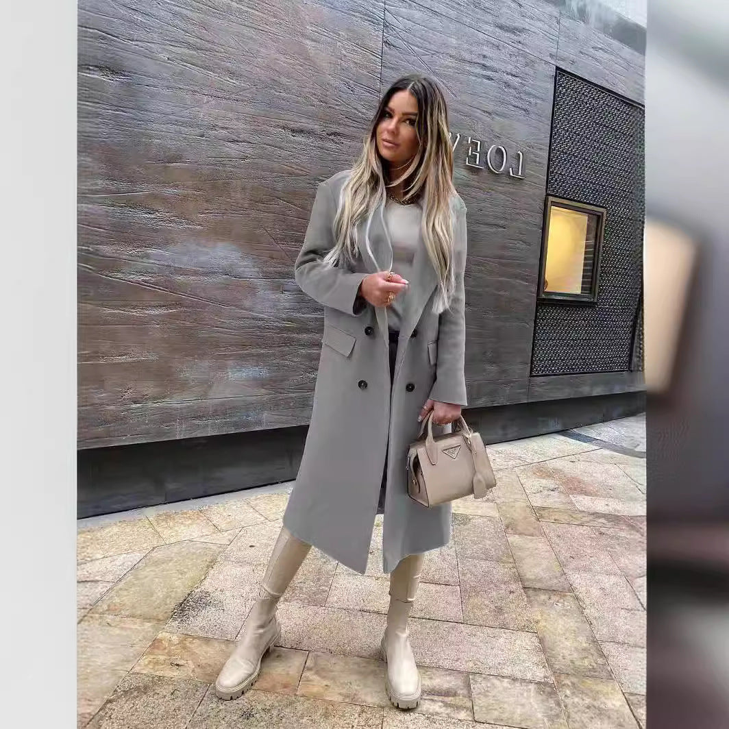 Double Breasted Wool Blend Coat Notched Lapel Tailored Fit