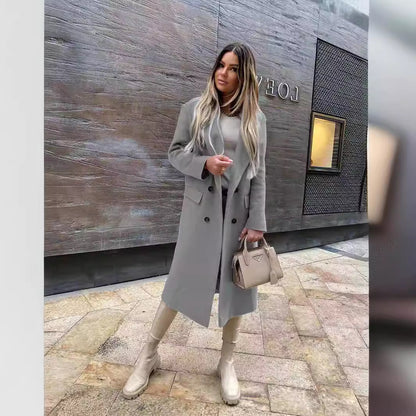 Double Breasted Wool Blend Coat Notched Lapel Tailored Fit