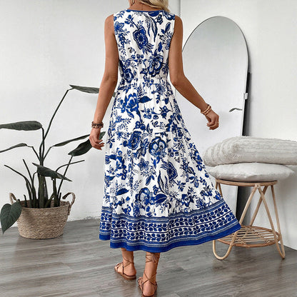Boho Blue Floral V Neck Sleeveless Maxi Dress