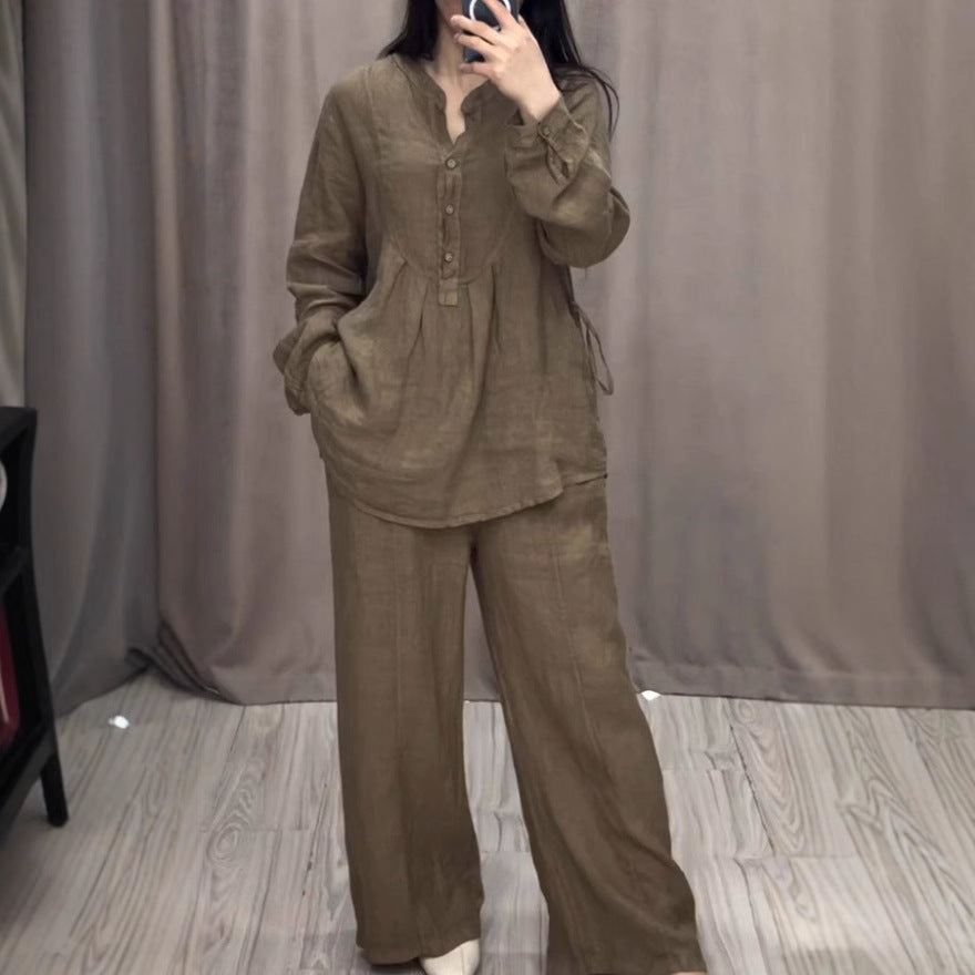 Women's Linen Matching Set Wide Leg Pants Button Up