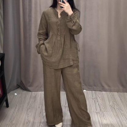 Women's Linen Matching Set Wide Leg Pants Button Up