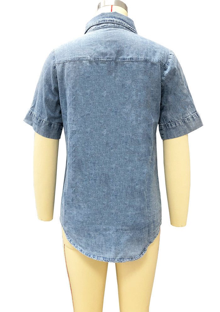Loose Fit Denim Shirt Women Collared Short Sleeve Top