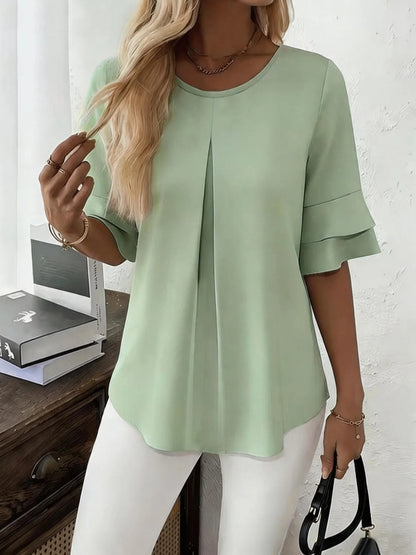 Women's Ruffle Sleeve Pleated Blouse Casual Summer Top