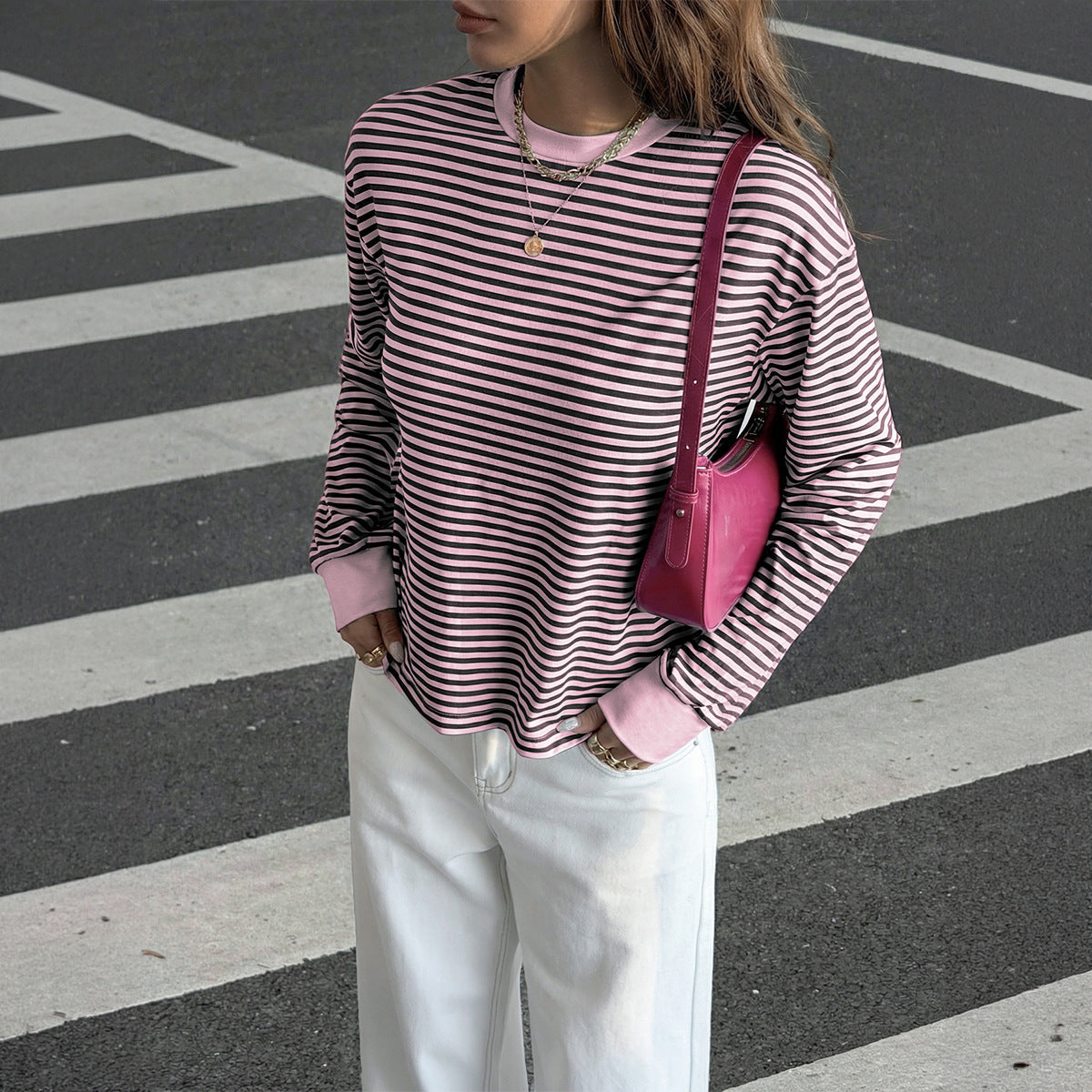 Pink Black Striped Long Sleeve Crew Neck Casual Tee