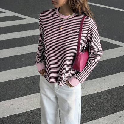 Pink Black Striped Long Sleeve Crew Neck Casual Tee