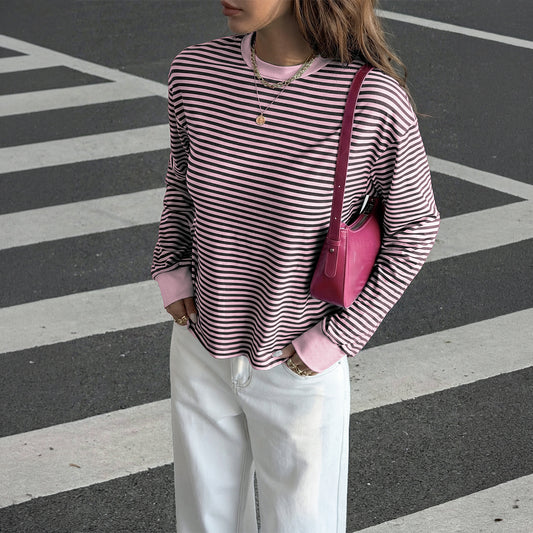 Pink Black Striped Long Sleeve Crew Neck Casual Tee