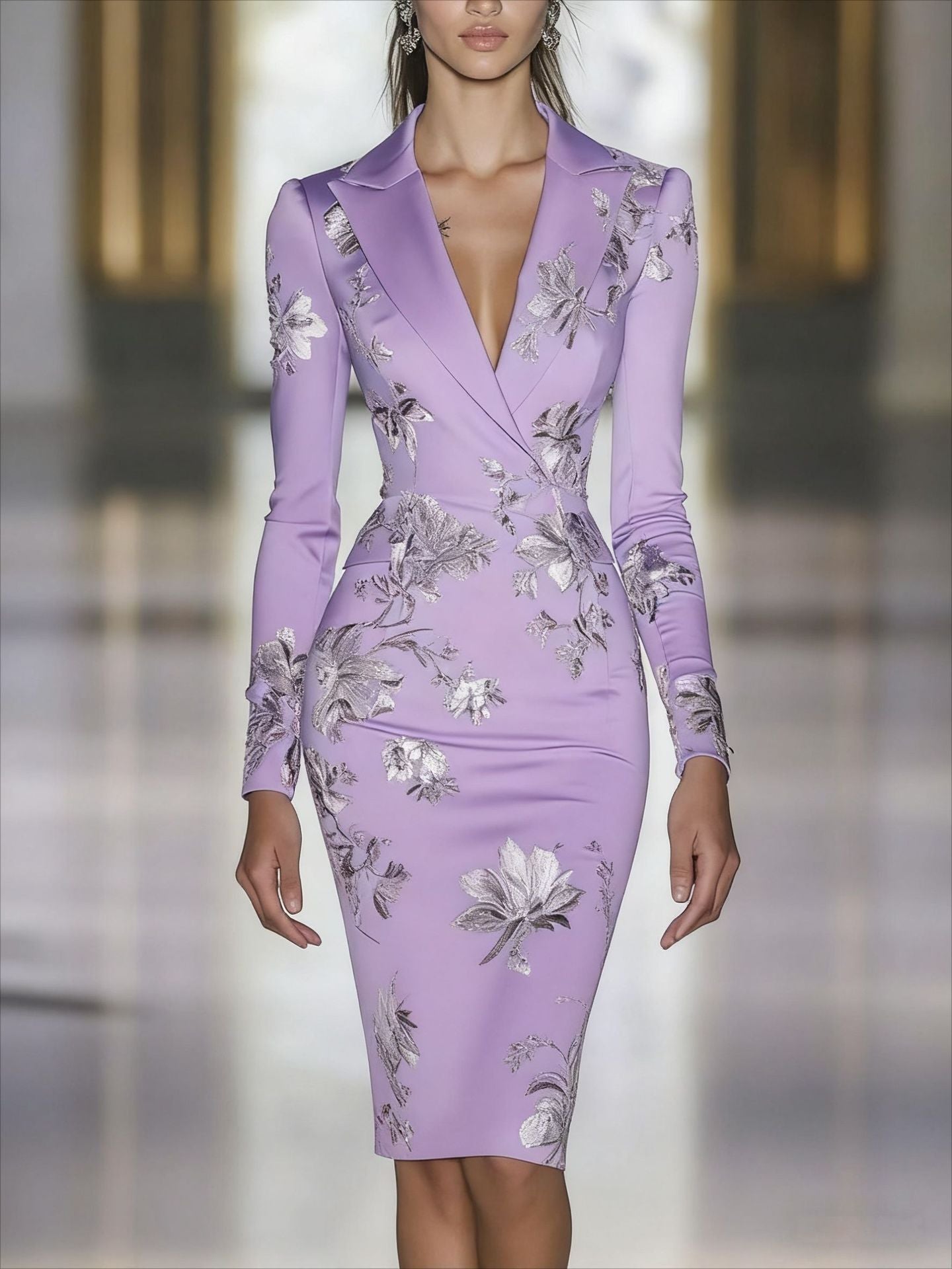 Women's Floral Bodycon Midi Dress Long Sleeve Notched Lapel