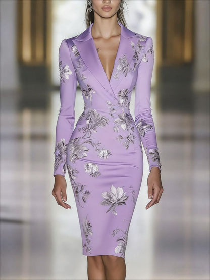 Women's Floral Bodycon Midi Dress Long Sleeve Notched Lapel