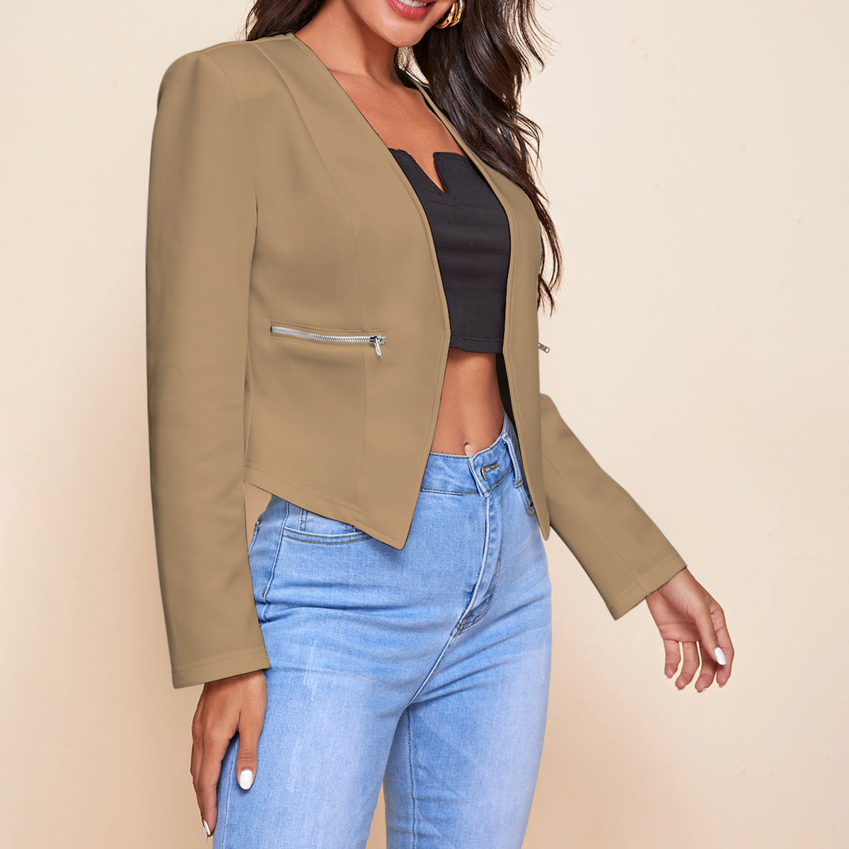 Women's Cropped Blazer Open Front Zip Pocket Jacket