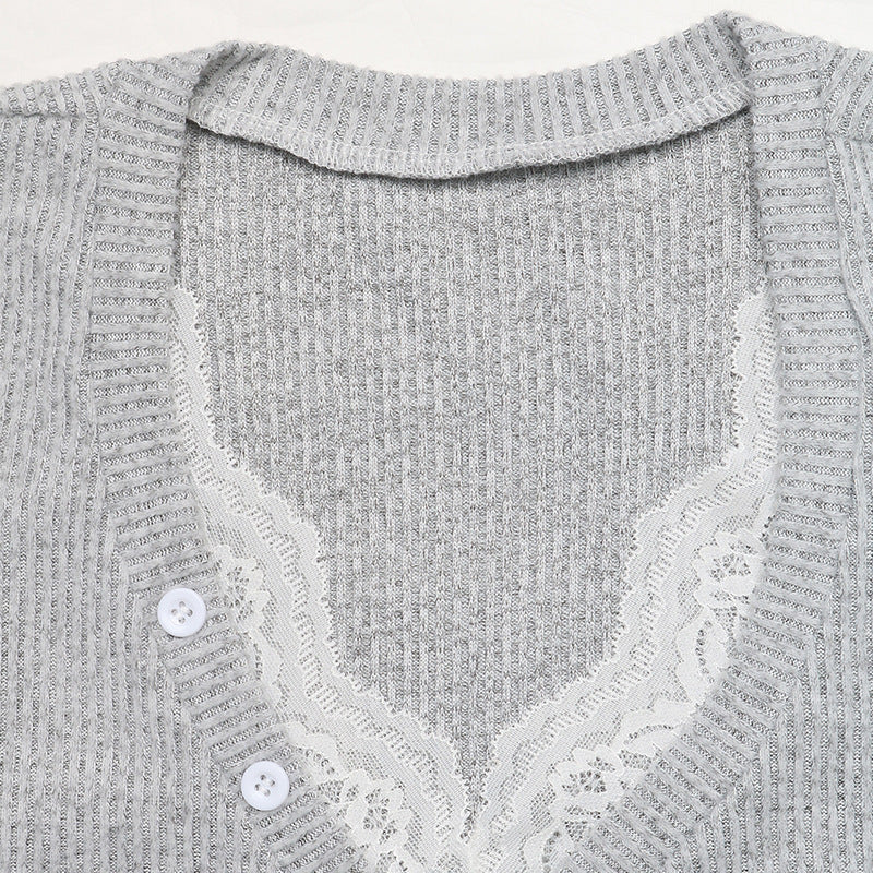 Ribbed Lace Trim Henley Long Sleeve Fitted Top