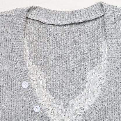 Ribbed Lace Trim Henley Long Sleeve Fitted Top