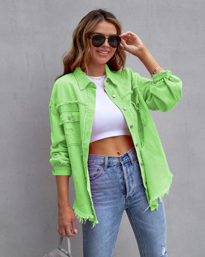 Hot Pink Distressed Denim Jacket Oversized Button Down