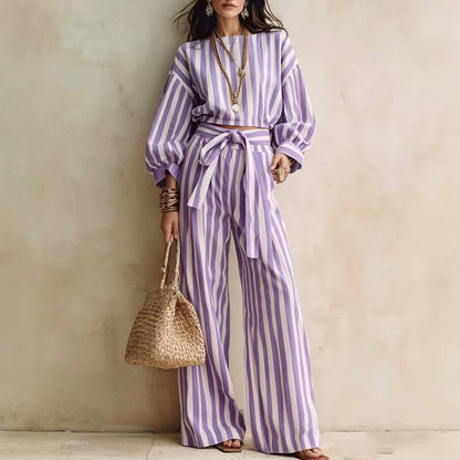 Striped Two Piece Crop Top Wide Leg Pants Set