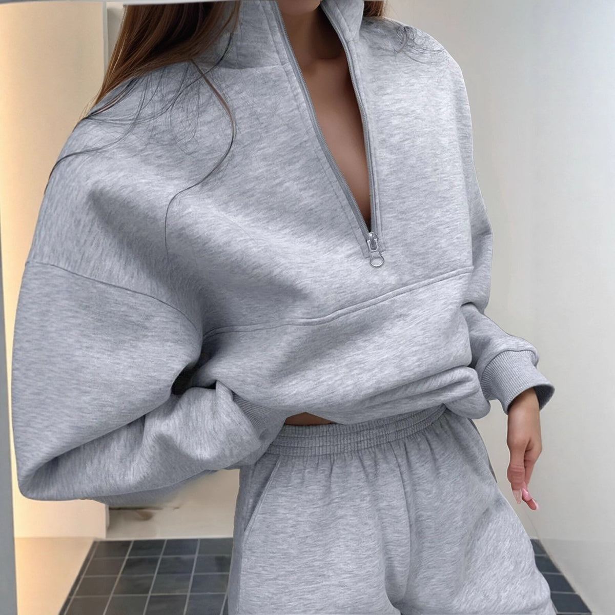 Women's Oversized Quarter Zip Sweatshirt Jogger Set