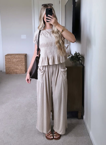 Summer Women’s Two-Piece Smocked Top with Wide-Leg Pants Casual Set