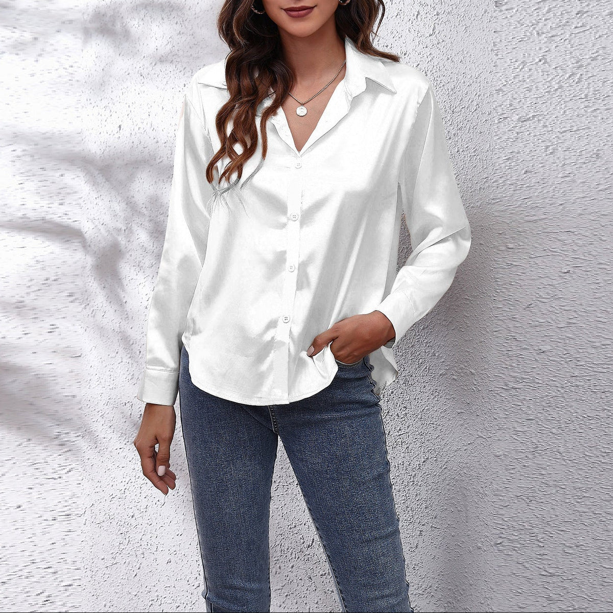 Women's Satin Long Sleeve Button Down Collared Blouse