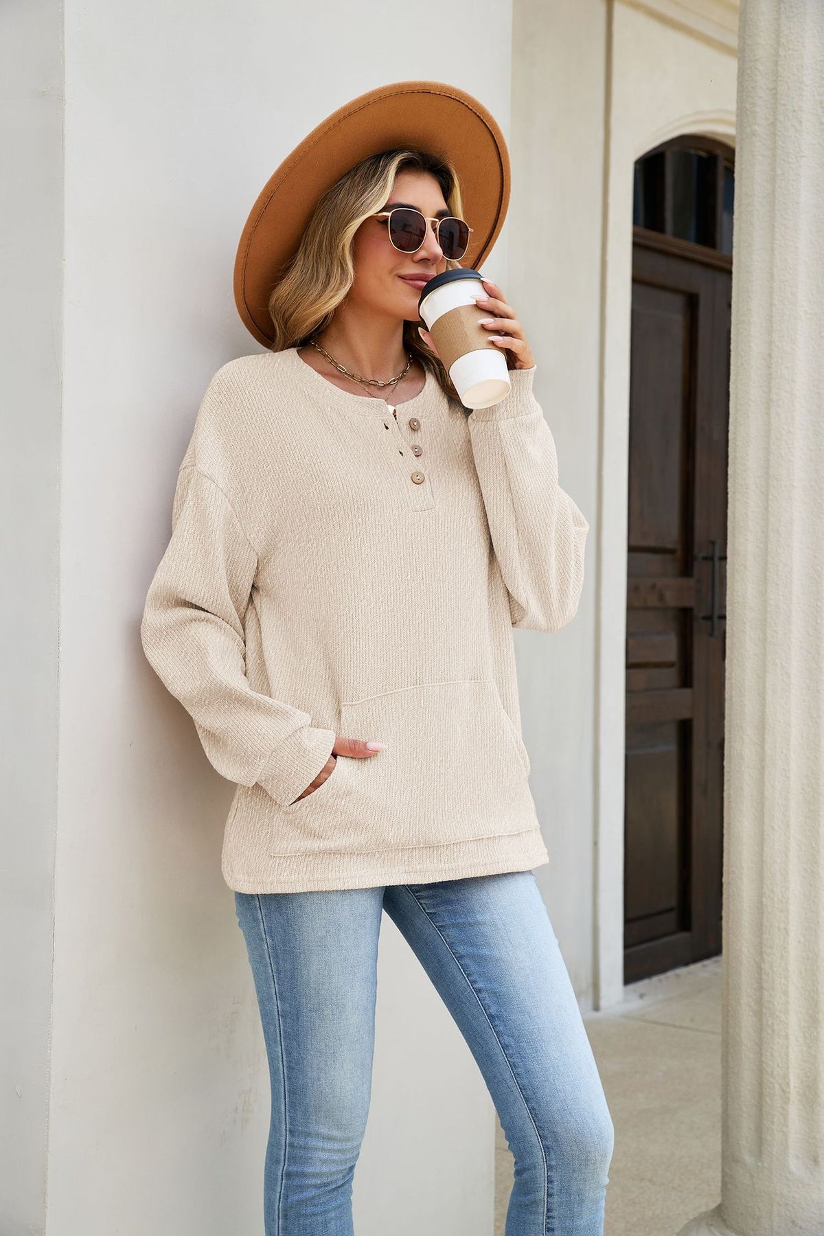 Women's Waffle Knit Henley Long Sleeve Pocket Top
