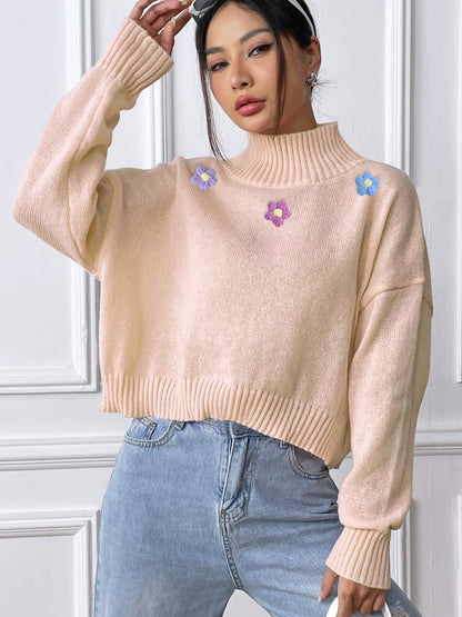 Women's Hand Crochet Collage Turtleneck Pullover Sweater