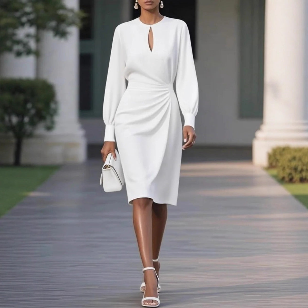 Women's Long Sleeve Ruched Midi Dress Cutout Elegant