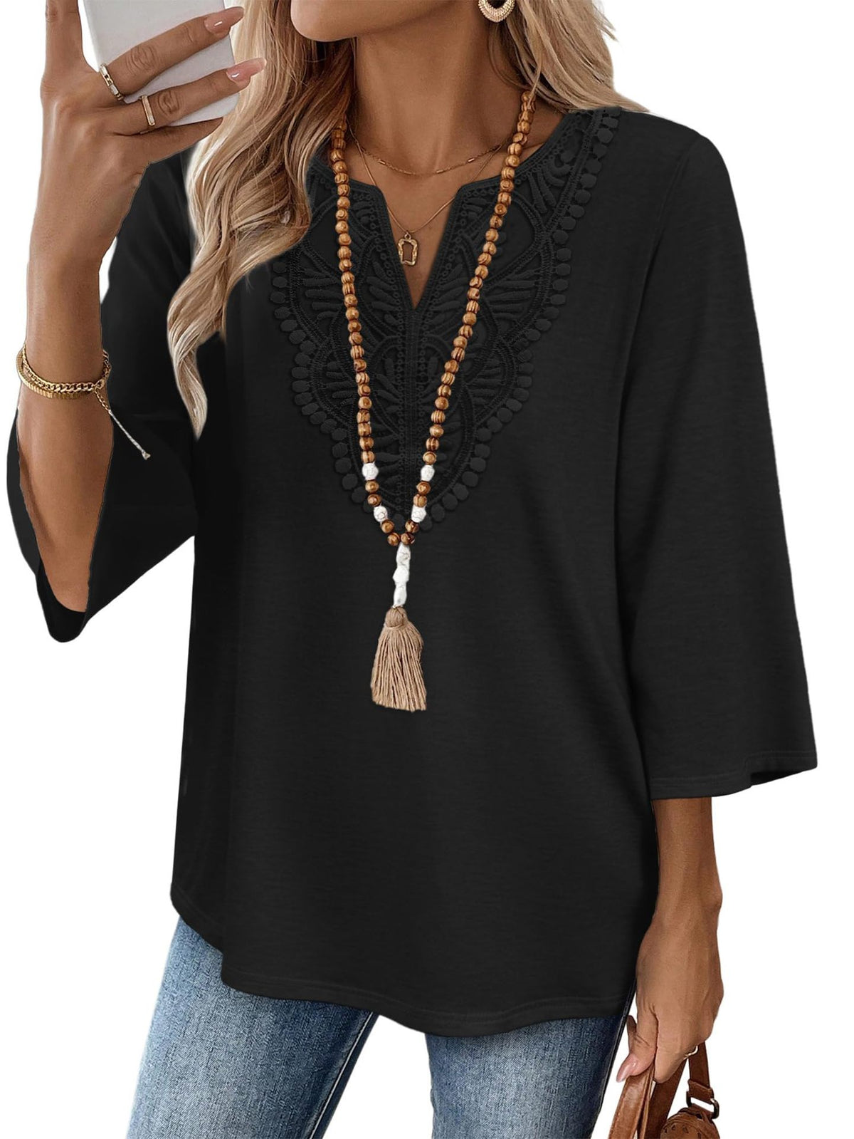 Women's V-Neck Lace Trim Loose Casual Blouse