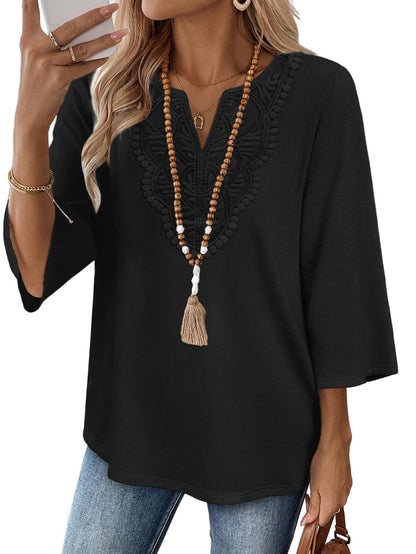 Women's V-Neck Lace Trim Loose Casual Blouse
