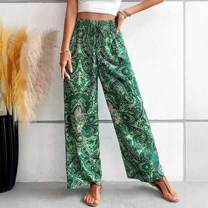 Fashionable Printed Wide-Leg Pants for Women Versatile Elastic Waist
