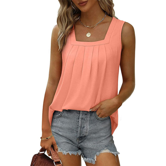 Orange Square Neck Pleated Sleeveless Flowy Tank Top