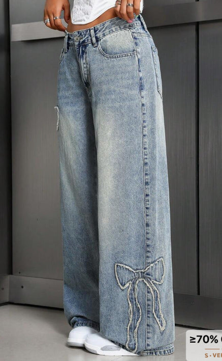 High Waisted Butterfly Embroidered Baggy Jeans