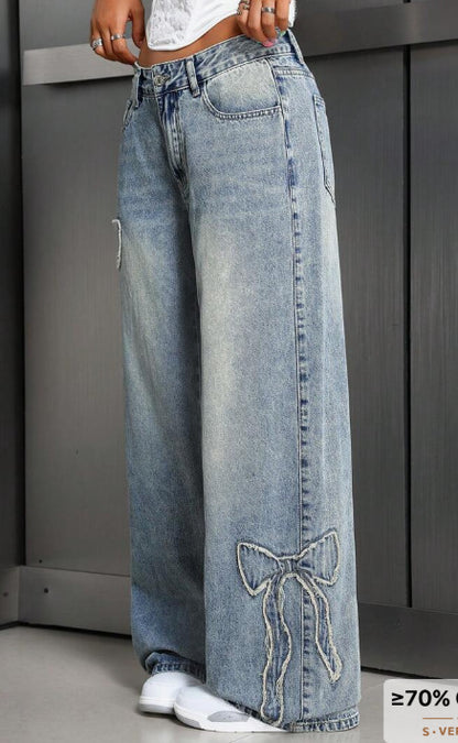 High Waisted Butterfly Embroidered Baggy Jeans