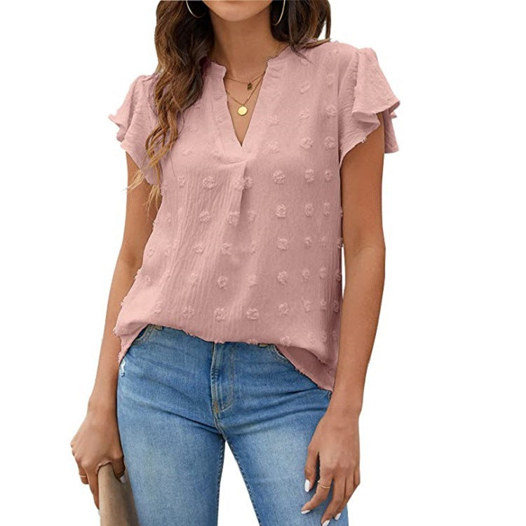 Women's V-Neck Pleated Sleeve Top with Pom Poms - Perfect for Summer
