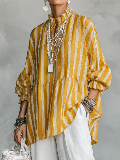 Women's Oversized Striped Blouse Balloon Sleeve Tunic Top