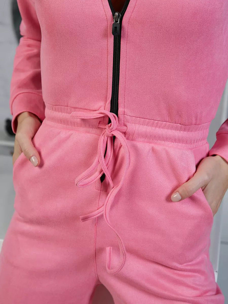 Women's Hooded Drawstring Jogger Jumpsuit Pockets