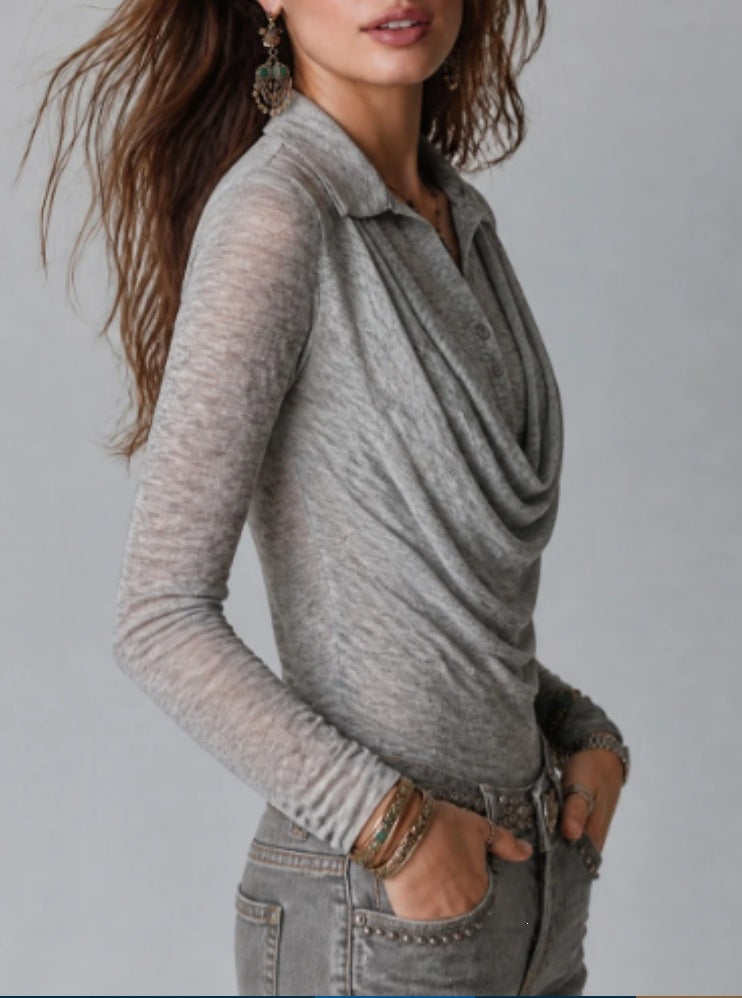 Women's Sheer Draped Button Front Long Sleeve Top