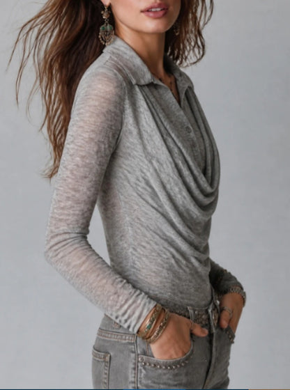 Women's Sheer Draped Button Front Long Sleeve Top
