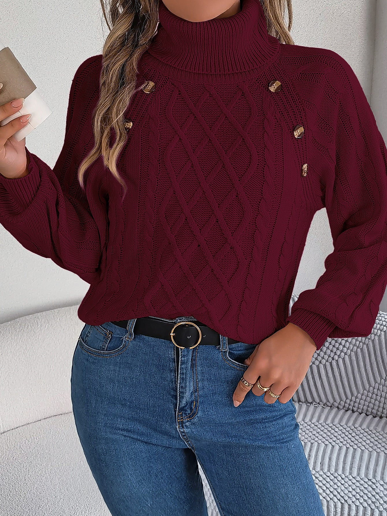2025 Fall Winter Buttoned Cable Knit Turtleneck Sweater