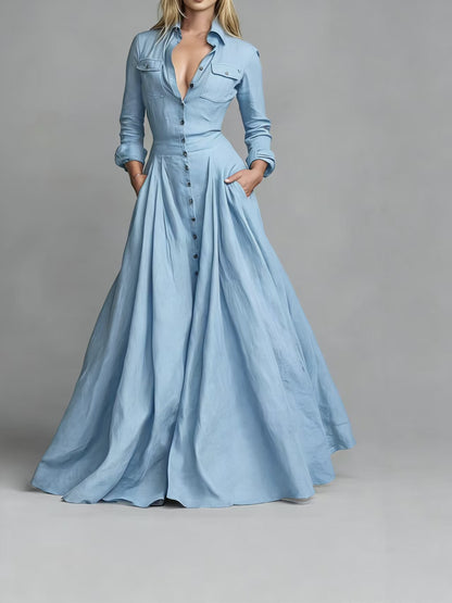 Women's Long Sleeve Collared Maxi Dress A-Line with Pockets