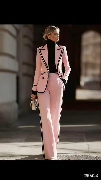 Women's Contrast Trim Blazer Wide Leg Pants Suit Set
